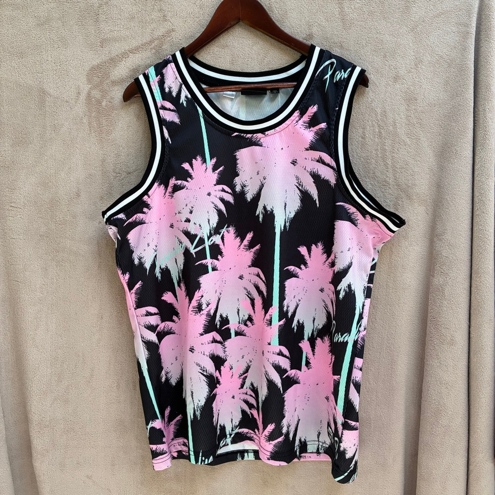 Men's WESC Black Pink Palm Tree Paradise Lost Athletic Tank Top XL
